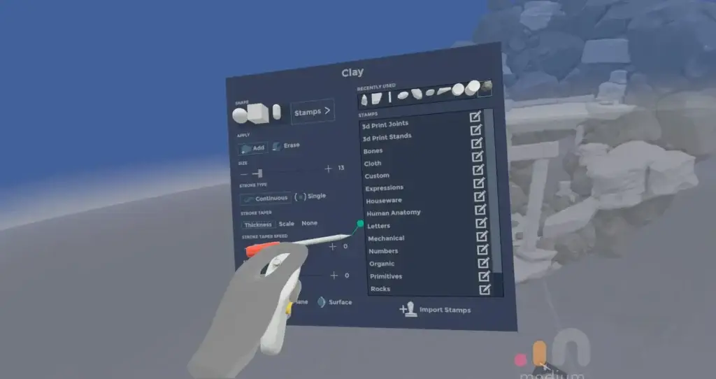 Clay tool menu system in Medium VR